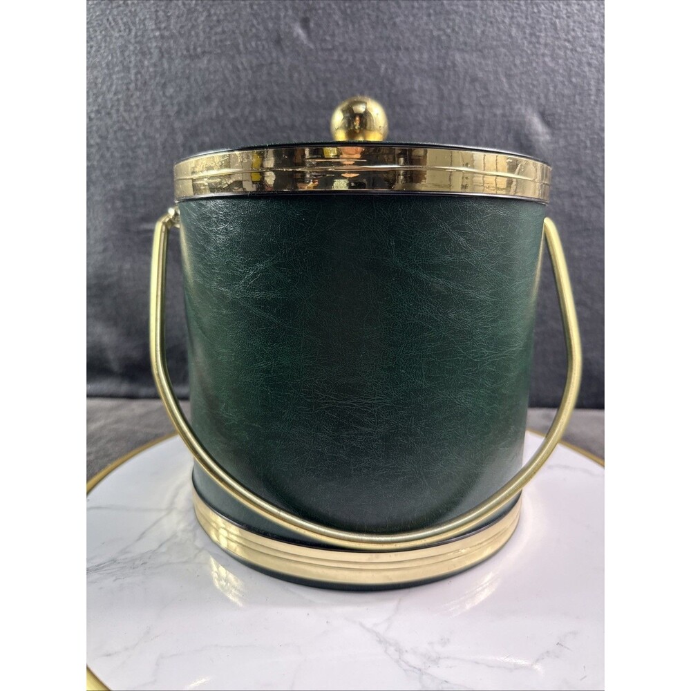 Vintage Kraftware Ice Bucket Barware Green Faux Leather Gold Lid Mid Century Ret